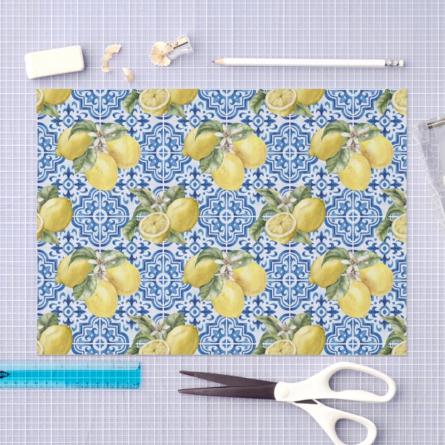 Papier Mousseline Carreau méditerranéen motif bleu blanc citron (Artisanat)
