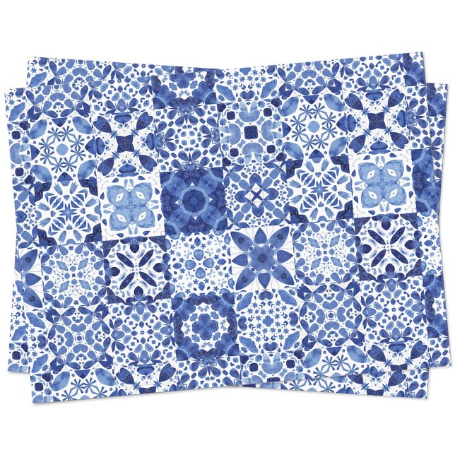 Papier Mousseline Carreaux Bleus Bleu Méditerranéen Motif Aquarelle (Mediterranean blue and white tile watercolor geometric pattern tissue paper)