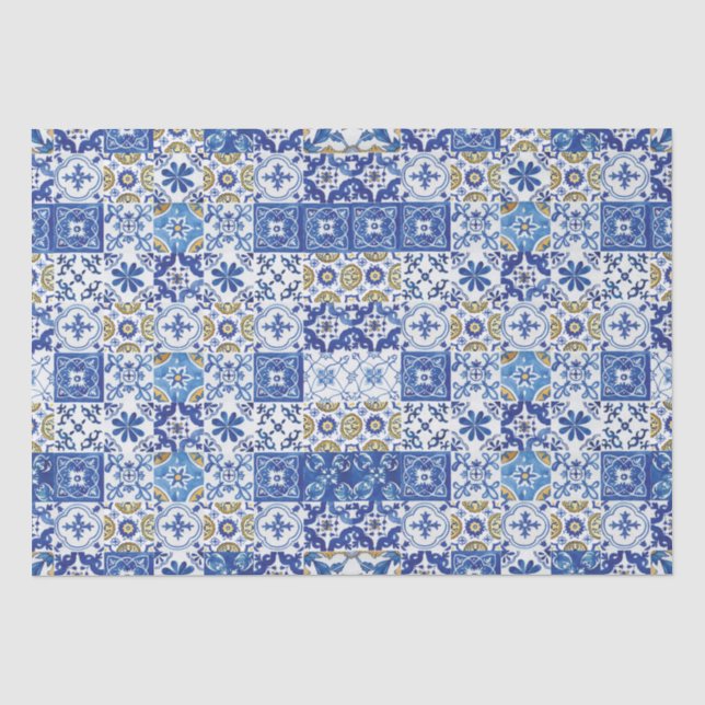 Papier Mousseline Carreaux de mosaïque bleu jaune blanc méditerranée (Recto)