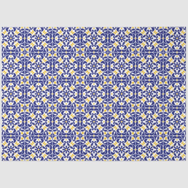 Papier Mousseline Carreaux méditerranéens Motif bleu et jaune (Recto)