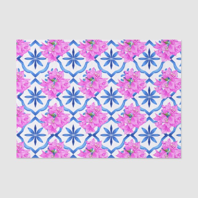 Papier Mousseline Carrelage bleu Bougainvillea thème méditerranéen (Recto)