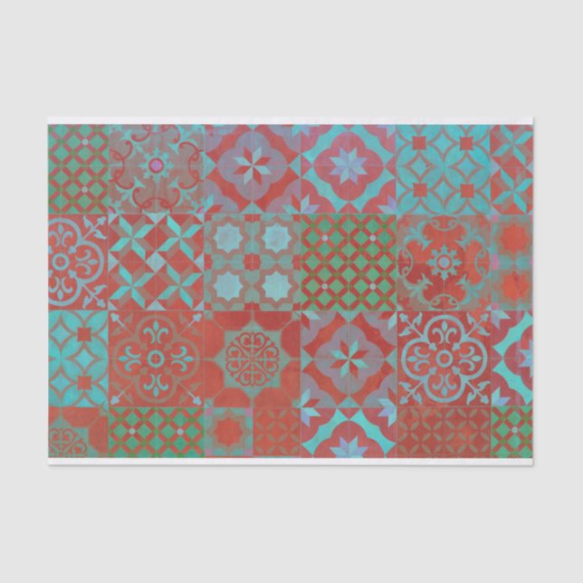 Papier Mousseline Carrelage Cool, tendance égéenne, rouge et bleu (Recto)
