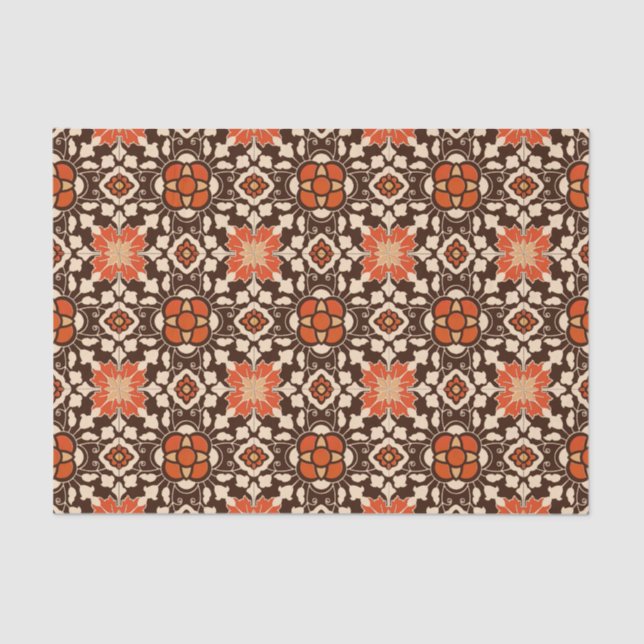 Papier Mousseline Carrelage Floral marocain, Brown, Rust et Beige (Recto)