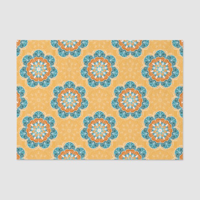 Papier Mousseline Carrelage Mandala floral en Orange et Turquoise (Recto)