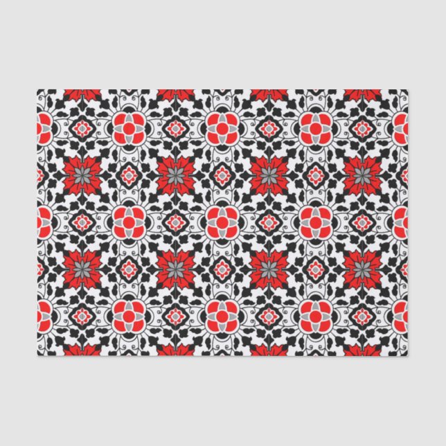 Papier Mousseline Carrelage marocain floral, rouge profond, noir et  (Recto)
