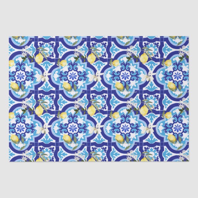Papier Mousseline Carrelage méditerranéen, carrelage bleu, citron, (Recto)