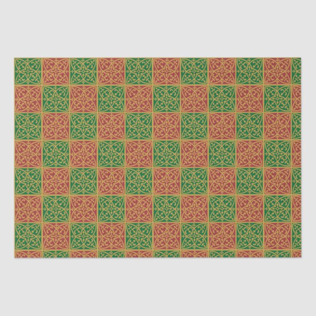 Papier Mousseline Carrelage rouge et vert sur Motif or (Recto)