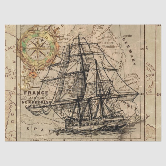 Papier Mousseline Carte à l'ancienne et voilier épique (Recto)