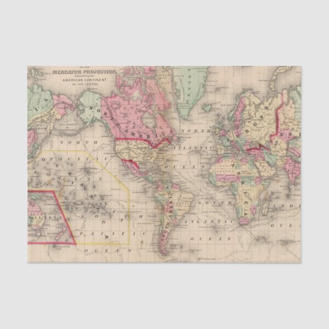 Papier Mousseline Carte de proj de Mercator du monde par Mitchell (Recto)