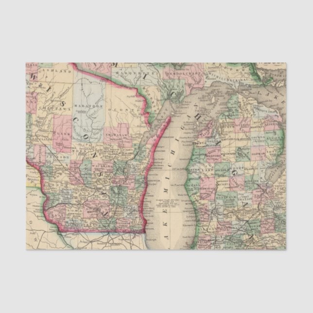 Papier Mousseline Carte du Michigan, le Wisconsin par Mitchell (Recto)