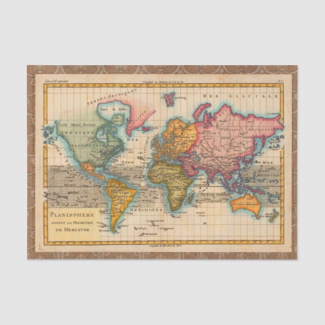 Papier Mousseline Carte du monde 1700s Antique Continents (Recto)
