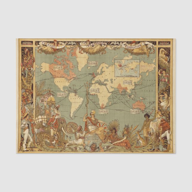 Papier Mousseline Carte du monde Antique 1886 Illustré (Recto)