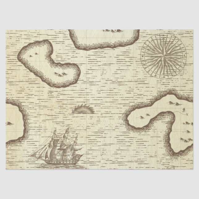 Papier Mousseline Carte du Vieux Monde avec découpage de bateau sur  (Recto)