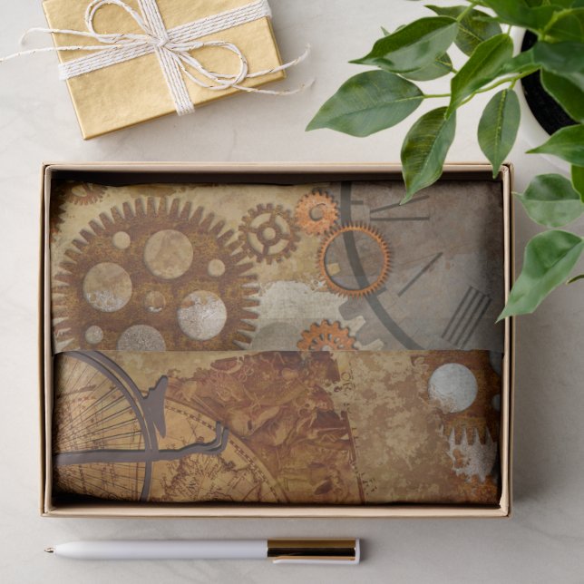 Papier Mousseline Carte Mondiale Steampunk Horloges Gears (Cadeau)