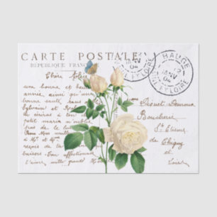 Papier Mousseline Carte Postale French Script Rose Papillon Fleur