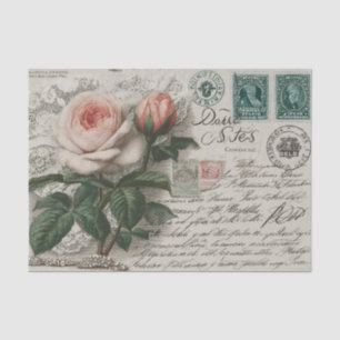 Papier Mousseline carte postale vintage, écriture française, roses