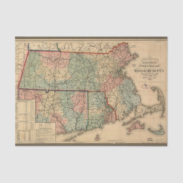 Papier Mousseline Carte routière ferroviaire du Massachusetts, 1879  (Recto)