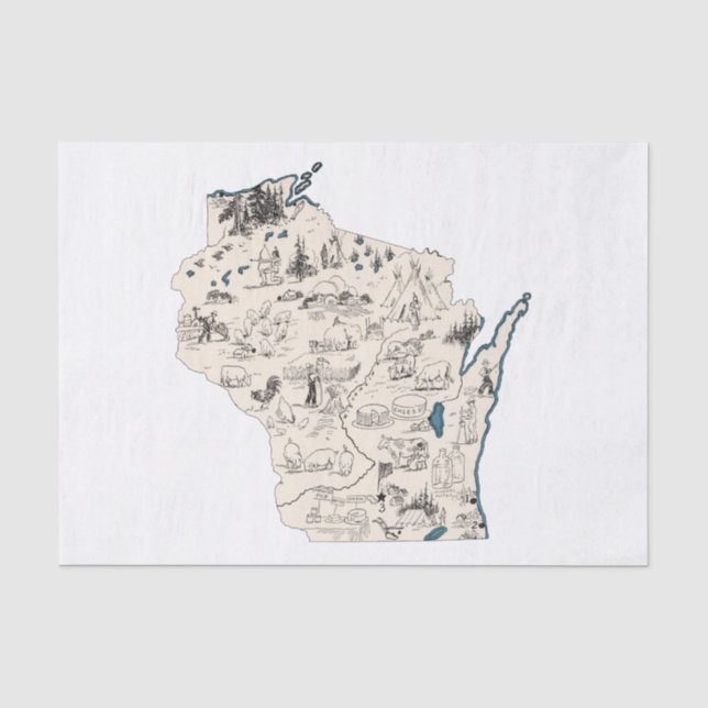 Papier Mousseline Carte Vintage du Wisconsin (Recto)