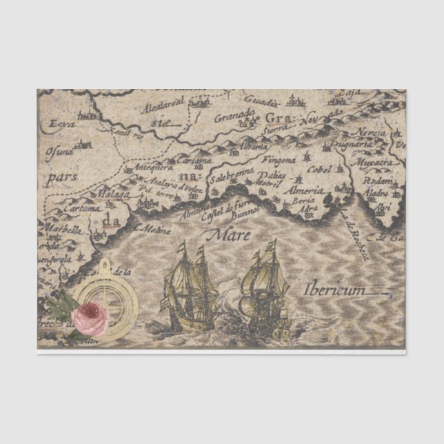 Papier Mousseline Carte vintage et voiliers (Recto)