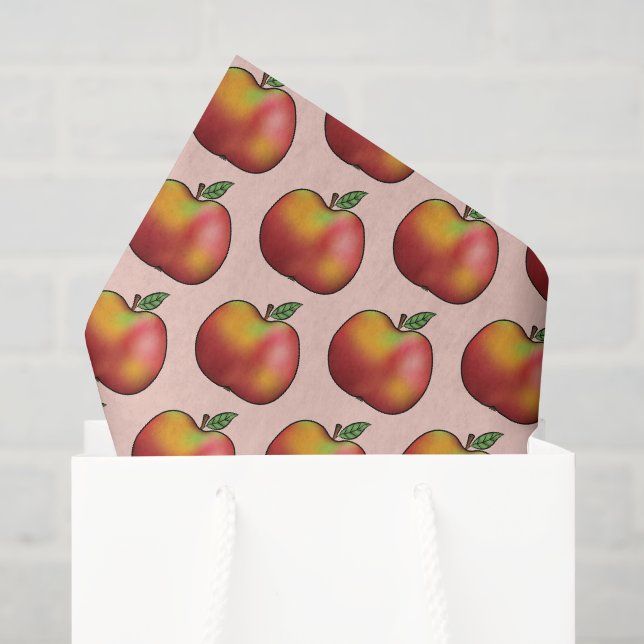 Papier Mousseline Carton Rouge Pomme Motif Fruit Sur Rose (Sac cadeau)