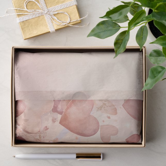 Papier Mousseline Cascade de cœurs abstraits rose poussiéreux capric (Cadeau)
