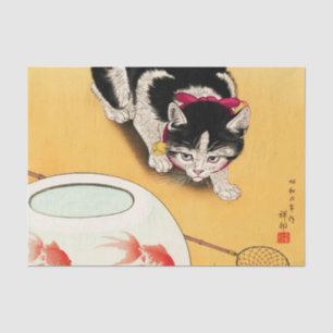 Papier Mousseline Cat and Goldfish by Ohara Koson