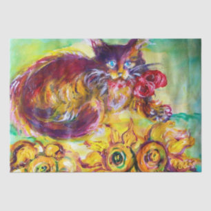 PAPIER MOUSSELINE CAT AVEC LE RUBAN ET LES TOURNESOLS ROUGES