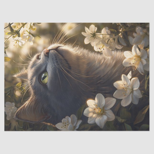 Papier Mousseline Cat bleu russe Fleurs blanches Découpage (Recto)