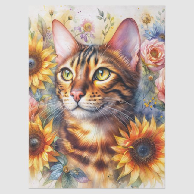 Papier Mousseline Cat Floral Watercolor Portrait Art (Recto)