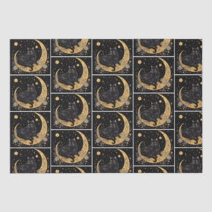 Papier Mousseline Cat noir croissant Lune Floral Blanc Halloween