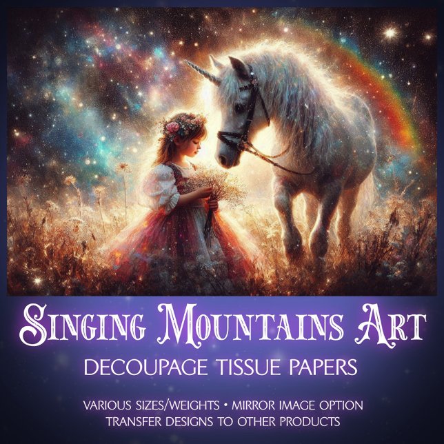 Papier Mousseline Celestial Fantasy Unicorn In Meadow Decoupage  (Créateur téléchargé)