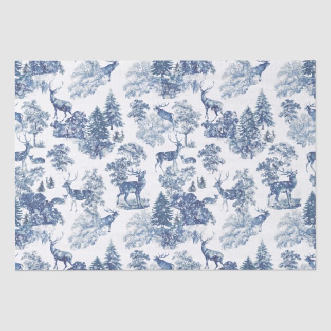 Papier Mousseline Cerf bleu vintage dans le bois neigeux (Recto)