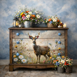 Papier Mousseline Cerf Délicat dans Prairie de Fleurs Sauvages Décou
