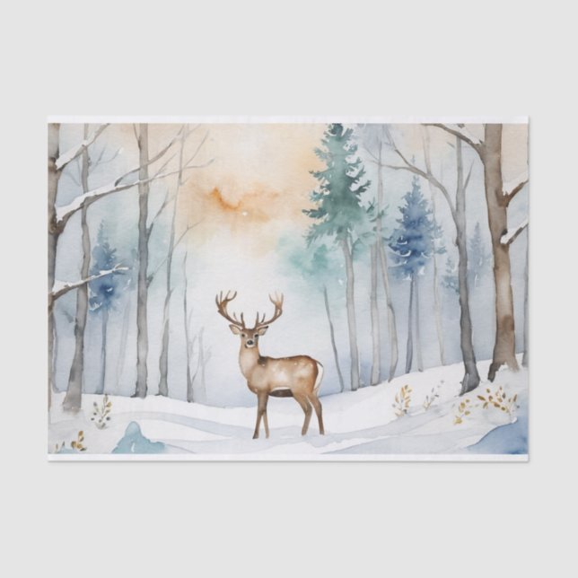 Papier Mousseline Cerf en forêt neigeuse Arbres de Noël Aquarelle (Recto)