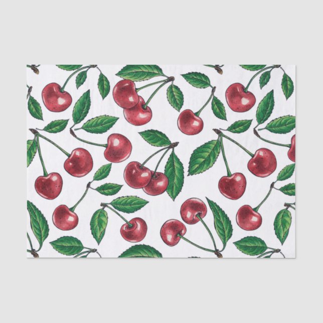 Papier Mousseline Cerises rouges sur blanc (Recto)