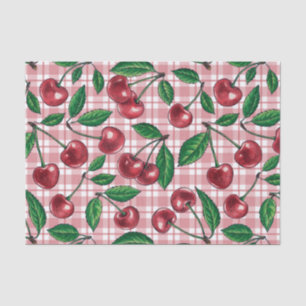 Papier Mousseline Cerises rouges sur en vichy rose
