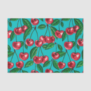 Papier Mousseline Cerises rouges sur turquoise