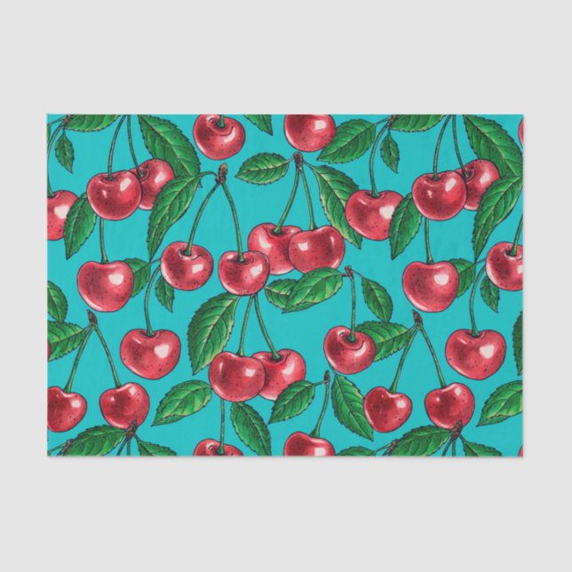 Papier Mousseline Cerises rouges sur turquoise (Recto)