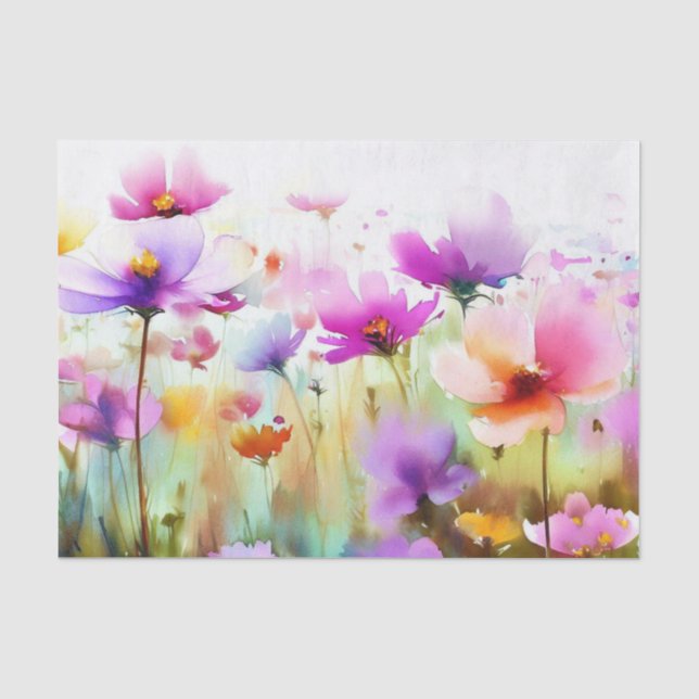 Papier Mousseline Champ d'aquarelle Fleurs-Cosmos (D) (Recto)