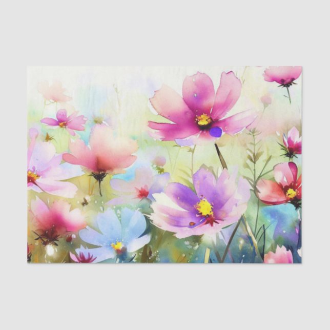Papier Mousseline Champ de Fleurs-Cosmos (A) Aquarelle (Recto)