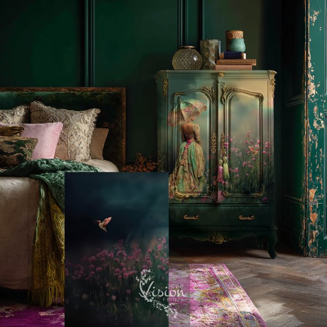 Papier Mousseline Champ de rêve, vert émeraude foncé, colibri (Field of Dreams Hummingbird & Floral, Emerald Green & Fuchsia Plum Landscape Decoupage Tissue Paper.)