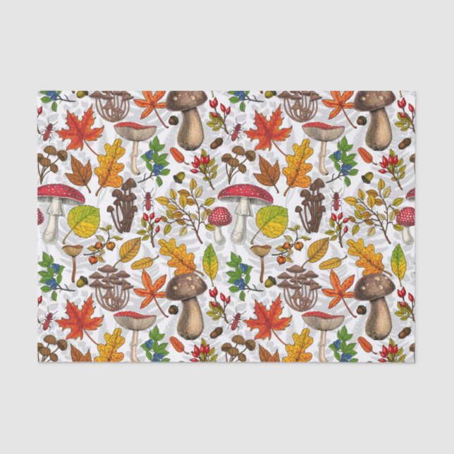 Papier Mousseline Champignons d'automne, feuilles, noix et baies sur (Recto)