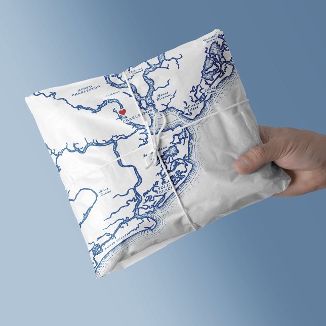 Papier Mousseline Charleston Caroline du Sud Carte Elégante Marine B (Charleston South Carolina Map tissue paper in elegant navy blue from Coastal Map Designs)