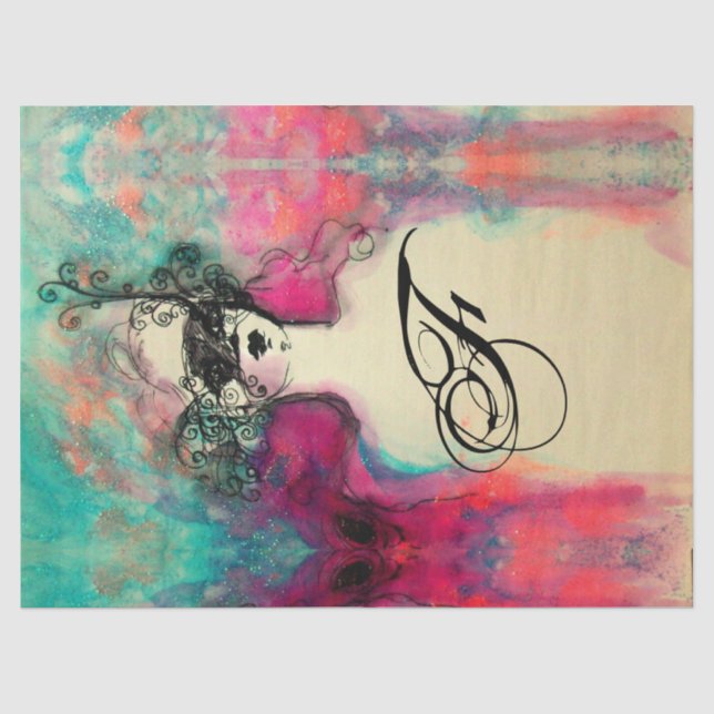 Papier Mousseline CHARME /Dame au Masque Monogramme rose Turquoise v (Recto)