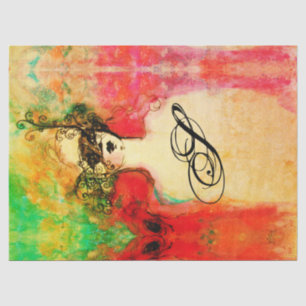 Papier Mousseline CHARME /Dame Avec Masque Monogramme Rose Vert Turq