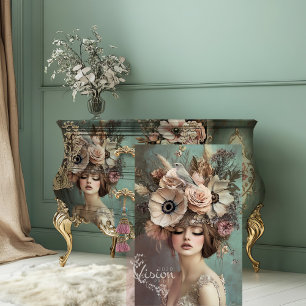 Papier Mousseline Charme Vintage, Portrait de Flapper Oiseau et Flor