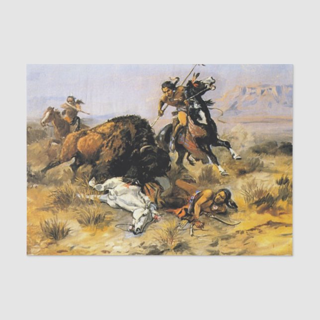 Papier Mousseline "Chasse au buffle" Cowboy Art de Charles Russell (Recto)