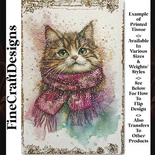 Papier Mousseline Chat à l'aquarelle, Écharpe Magenta, Neige BZ1 Déc