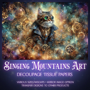 Papier Mousseline Chat gothique steampunk Voyage céleste Decoupage
