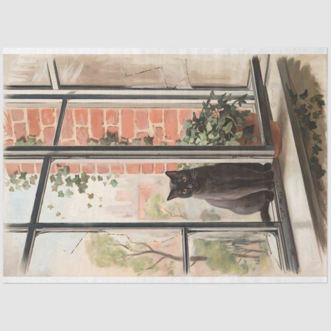 Papier Mousseline Chat noir dans une fenêtre Peinture Découpage (Recto)